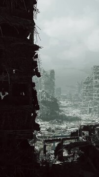gloomy ruined avenue with towering broken faade and distant ruins, lone explorer narrative implied, cold haze, texturerich debris, mood of discovery and loss
