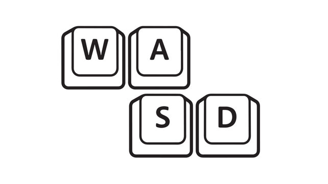Keys WASD gaming icons with black outlines and white backgrounds for digital use featuring computer, keyboard, icon with illustration and symbol