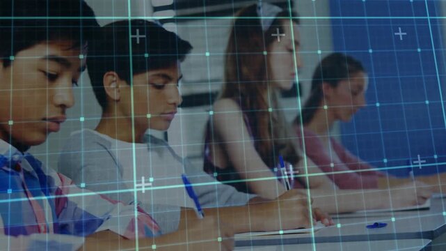 Students writing in classroom, camera shifting left, zooming, blue grid tracking pens for task