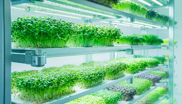 Vertical farming of microgreens in a controlled environment with LED lighting for sustainable agriculture.