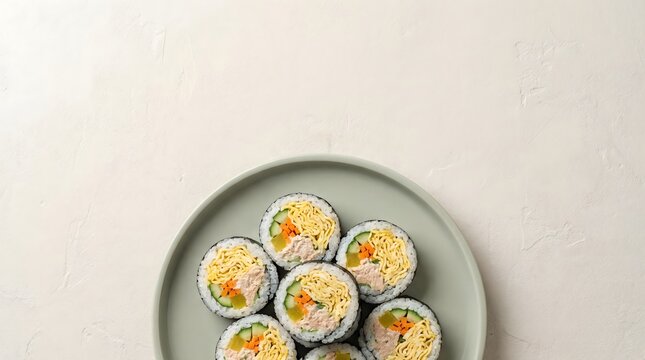 Korean Gimbap Seaweed Rice Roll with Egg Carrot and Vegetables on Green Plate Top View, Traditional K-food Lunch Box, Authentic Korean Picnic Food