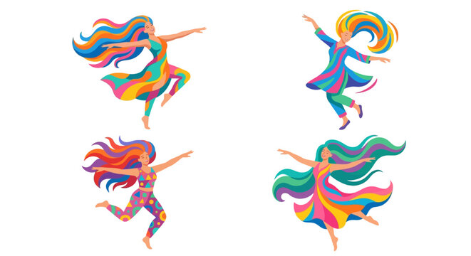 Four colorful figures joyfully dancing with flowing vibrant hair