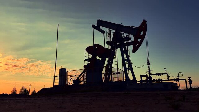 Extraction of petroleum. Oil Pump Jack in motion on Sunrise at Oil Field. Petrolium crude Industrial. Crude pump jack on morning sunrise. Extraction of petroleum in oilfield. Crude petroleum industry.