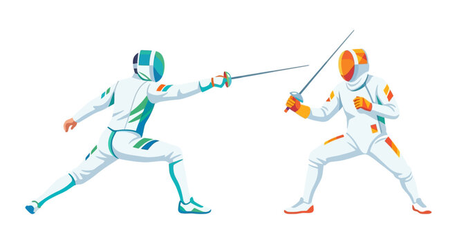 Two fencers engaged in a dynamic competitive bout with swords