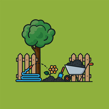 Garden scene with fence, tree, wheelbarrow, hose and patch vector illustration for National Gardening Day on April 14