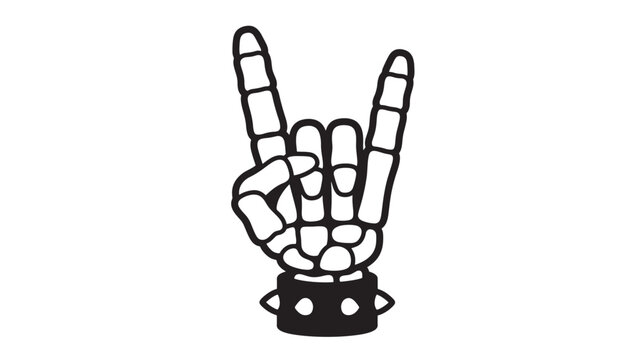 Skeleton hand with index and pinky fingers raised in a rock and roll gesture, wearing a spiked wristband, isolated on white.