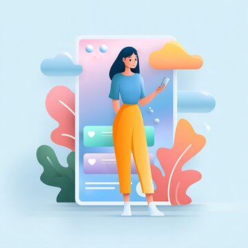 Stylized illustration of a woman holding a smartphone in front of an oversized mobile app screen with pastel clouds and abstract foliage