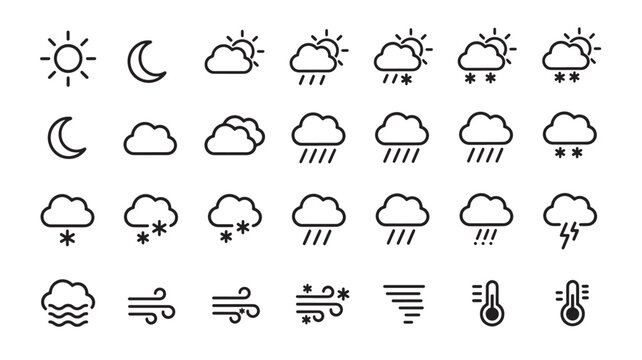 Icons set representing weather conditions with sun, moon, clouds, rain, snow, wind, and thermometers.