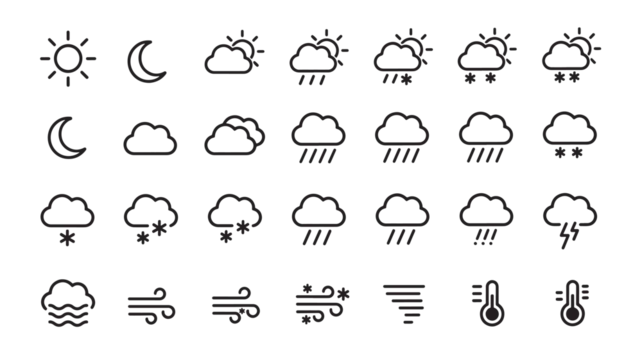 Icons set representing weather conditions with sun, moon, clouds, rain, snow, wind, and thermometers.