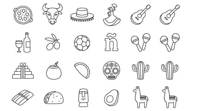 Icons representing a bull, sombrero, flamenco dancer, guitars, mate, tacos, skulls, cacti, and llamas, capturing vibrant Latin American culture.