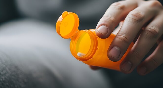 Close up of an orange epipen auto injector held in a hand