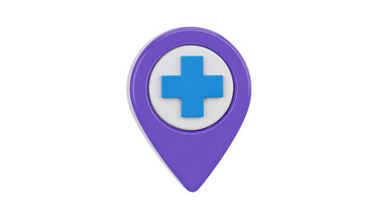 Obraz premium Purple map location pin with a blue medical cross symbol for healthcare services navigation isolated on a transparent background
