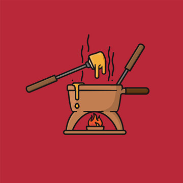 Traditional Swiss cheese fondue with two forks and clay stove vector illusztration