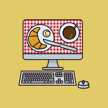 Breakfast displayed on the screen of dekstop computer vector illustration for Deskfast Day on April 12