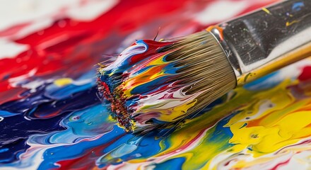 Fototapeta premium A paintbrush with multicolored paint on its bristles, sitting on a vibrant and swirly paint background with shades of red, blue, yellow, and white