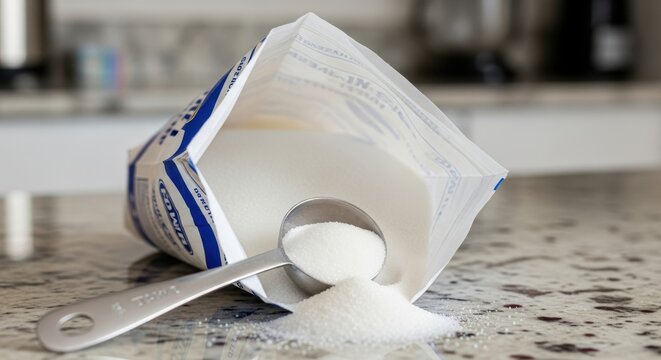 White granulated sugar is scooped from an open paper bag on a kitchen countertop.
