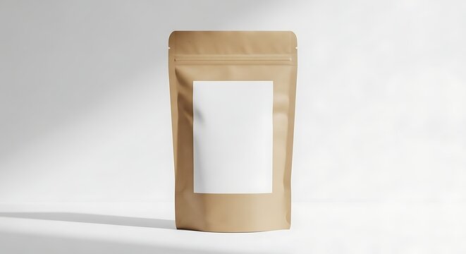 Kraft paper pouch mockup with blank label for product branding and packaging design.