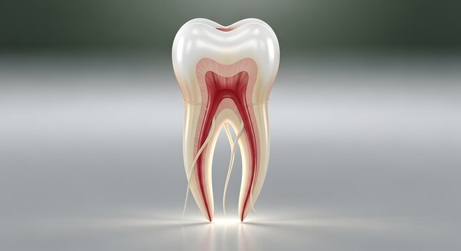 Detailed anatomical illustration of a human tooth with root structure