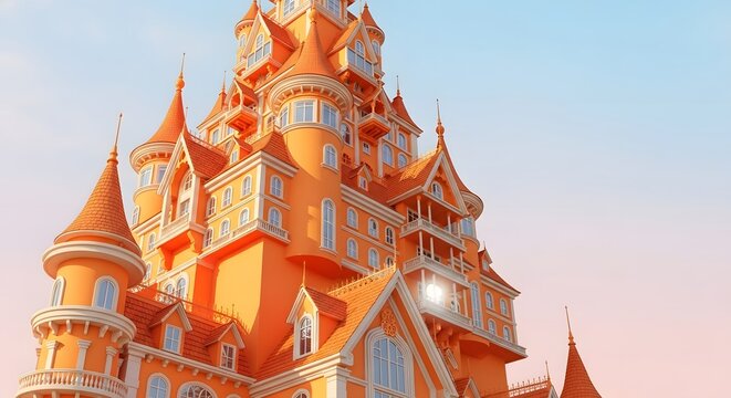 Detailed orange fantasy castle with intricate spires and turrets against a soft sunset sky illustration