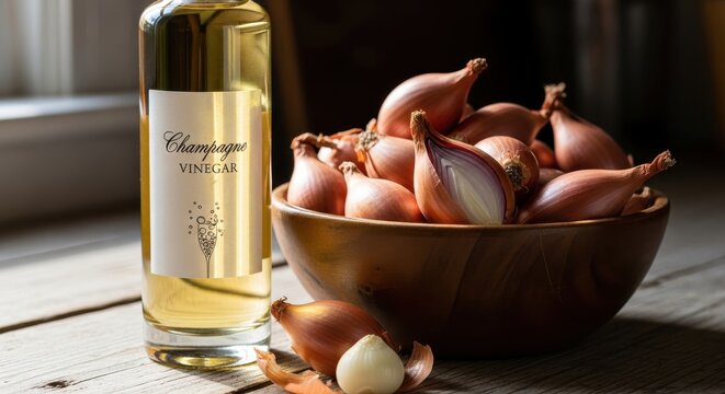 Clear glass bottle of vinegar stands next to a wooden bowl filled with fresh shallots on a rustic wooden table.