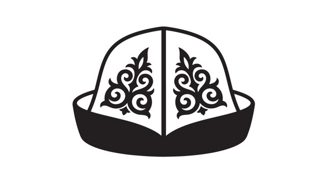 Tyubeteyka skullcap with traditional black ornate Kazakh patterns, representing cultural heritage and craftsmanship on a white background.