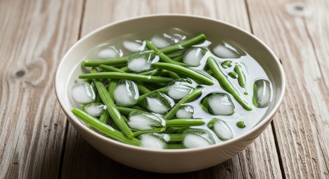 Fresh green beans in a bowl of ice water for blanching on a rustic wooden table