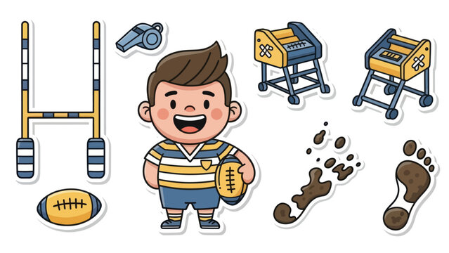Cute Rugby Player Boy with Sports Equipment Illustration.