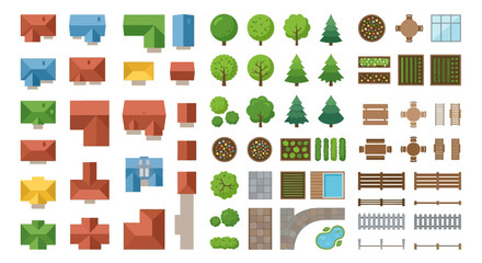 Colorful top down view of buildings trees and landscape elements © SHANTI