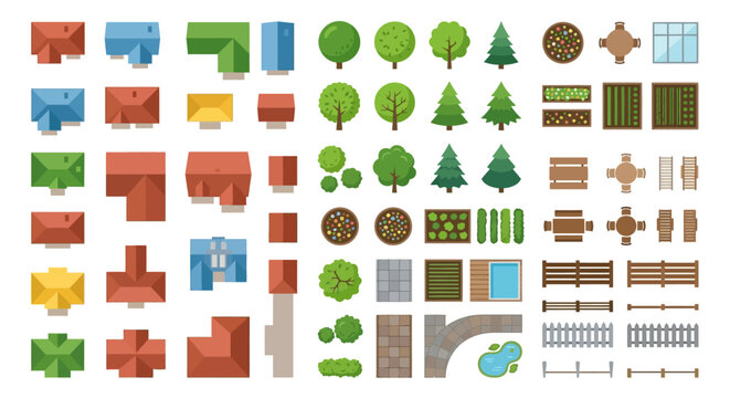 Colorful top down view of buildings trees and landscape elements