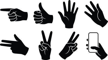 Obraz premium Hand gesture silhouettes showing pointing, thumbs up, peace signs, open palm, smartphone holding, and expressive communication vector illustration design