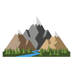 Fototapeta premium Stylized mountain range landscape with river and trees illustration