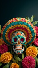 Naklejka premium Vibrant Sugar Skull with Sombrero for Dia de los Muertos. Cinco de Mayo / Day of the Dead Mexican Skull Mascot