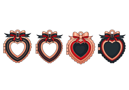 Set of Gothic Rose Gold Heart Lockets with Ribbons and Bows Isolated on White - Romantic Emo Style Jewelry Illustration Collection