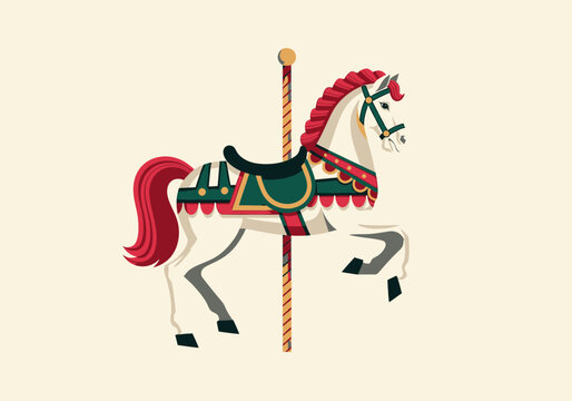 Vintage Carousel Horse Vector Illustration, Classic Merry-Go-Round Amusement Park Element, Retro Carnival Fairground Design Isolated on Plain Background