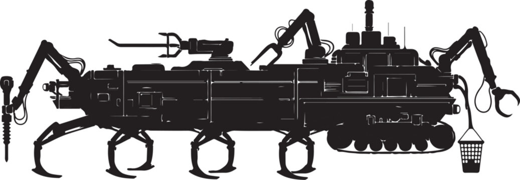 Industrial crab machine, robotic scorpion, mechanical animal, black vector illustration