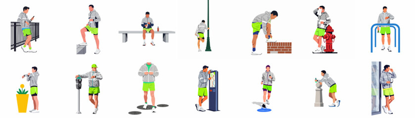 Flat design illustration set of a man in sportswear engaged in various urban running, stretching, and resting activities. © Telu