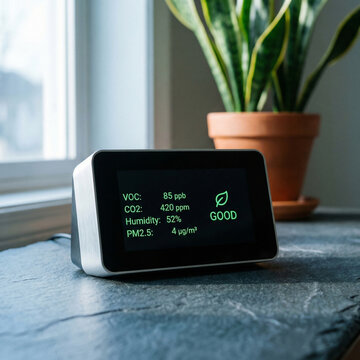 Smart indoor air quality monitor device displaying good status on digital screen next to snake plant