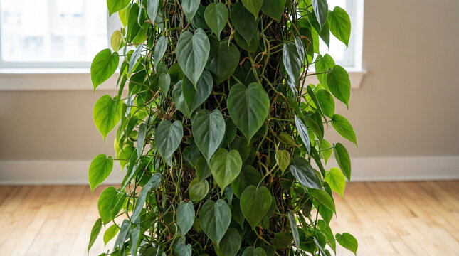 Close up of lush green heartleaf philodendron climbing a moss pole indoors standing on light wood floor