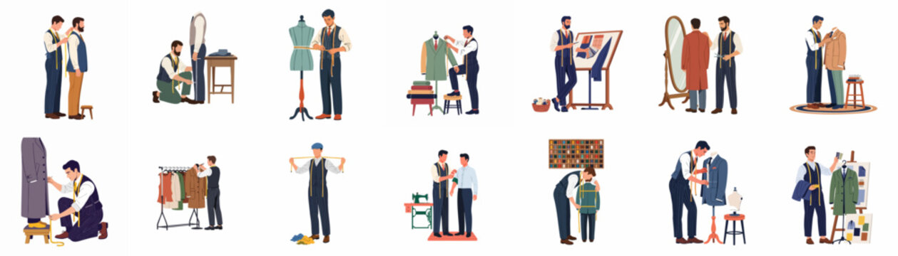 Collection of professional male tailors measuring, fitting, and designing bespoke suits and formal wear in various workshop scenes, isolated on white background.