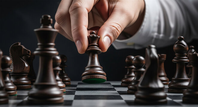 Strategic business chess move, hand moving black queen piece on chessboard, professional leadership and corporate competition concept
