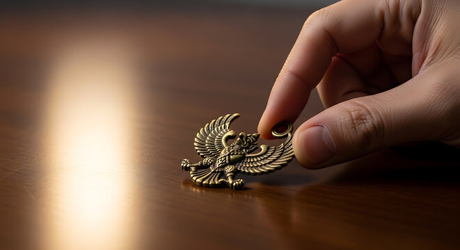 A hand holds a small, ornate brass scarab beetle amulet with outstretched wings on a polished wooden surface.