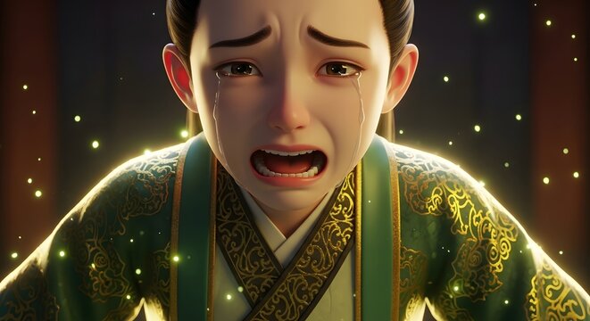 A heart-wrenching moment of profound sorrow for a young woman in traditional attire, as glowing particles illuminate her intense despair and desperate cry in a dark, dramatic scene