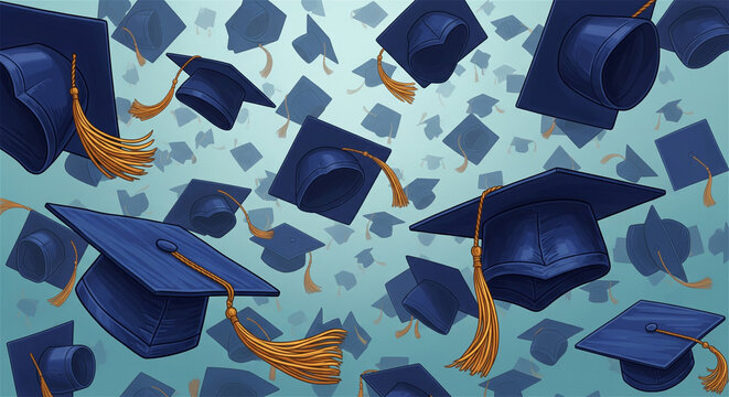 Graduation caps flying in air, blue mortarboards, academic background