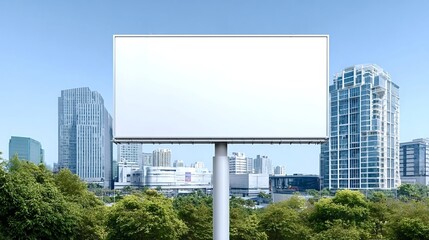 Obraz premium Large outdoor billboard presenting a blank white surface for advertising, situated in an urban city surrounded by modern skyscrapers and lush green trees against a clear blue sky