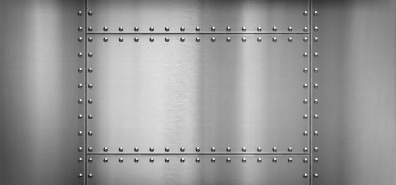 Steel metal border, background with rivets and iron texture, vector illustration. Polished silver sheet, aluminum surface panel with bolts, realistic scratches and metallic sheen, airplane wall design