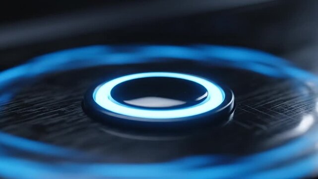A close-up of a human index finger pressing a round, glossy power button. The button features a luminous blue LED ring that intensifies and emits subtle wave-like light effects upon contact. The backg