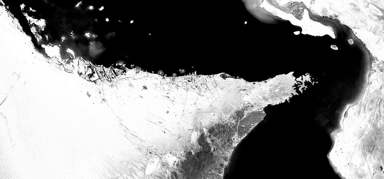 Strait of Hormuz radar satellite image (SAR) &ndash; black and white view of maritime traffic and global oil route