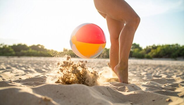 ビーチボールを蹴る女性の写真	