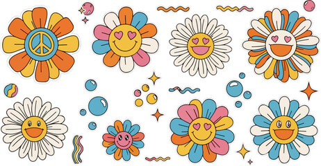 Fototapeta premium Retro 70s hippie flower power vector set, colorful groovy daisy characters with smiley faces, vintage aesthetic floral elements for stickers