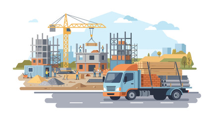 Fototapeta premium Flat Vector Illustration of a Busy Construction Site with Workers, Crane, and Cargo Truck Carrying Building Materials